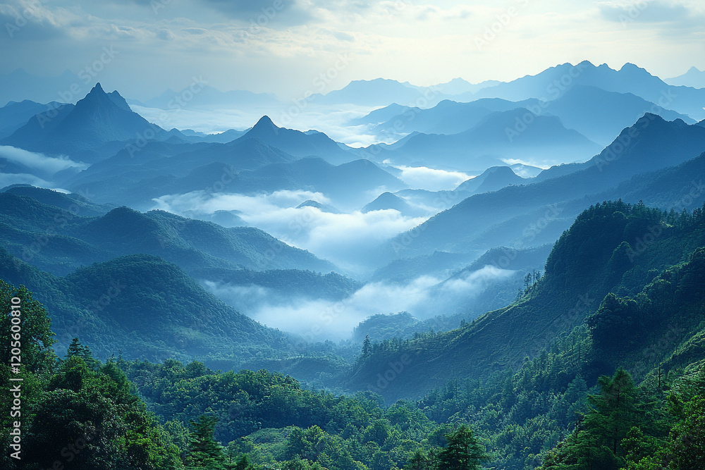 Misty Mountains Enveloped In Blue Hues Of Dawn Misty Mountains Enveloped In Blue Hues Of Dawn