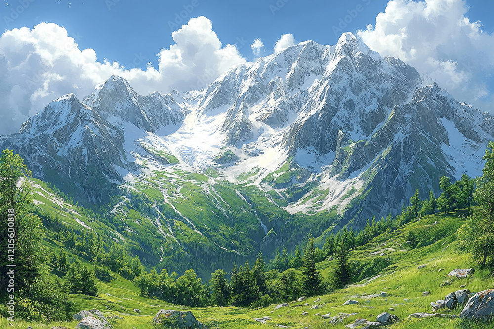 Obraz premium Majestic snow capped mountains overlook verdant valley