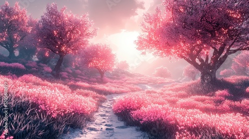 Serene path through a pink blossom forest at sunrise.