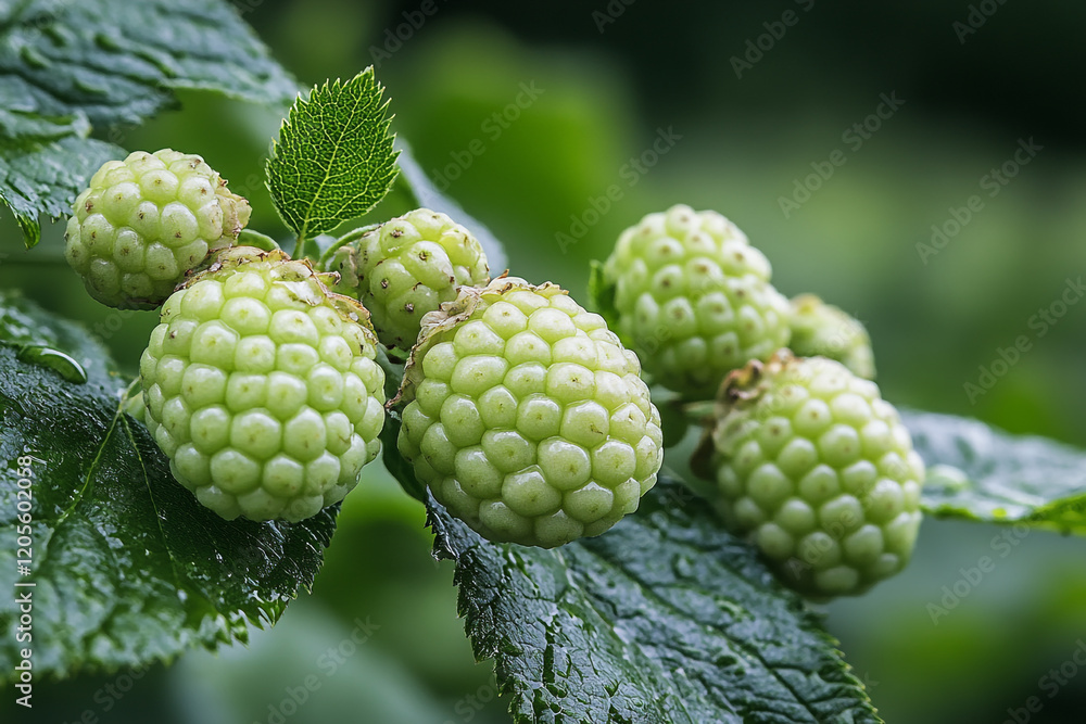 Unripe Raspberries Cluster on Green Leaves Unripe Raspberries Cluster on Green Leaves