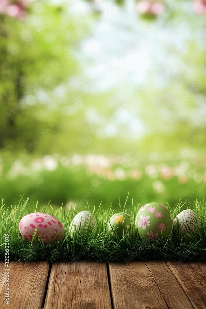 Fototapeta premium Colorful Easter eggs resting on green grass in a sunny outdoor setting