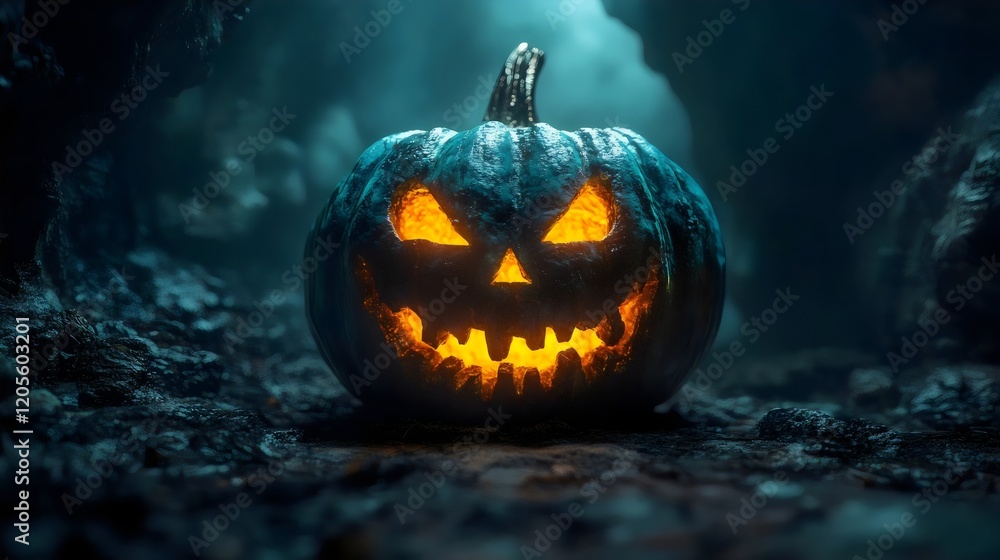 A pumpkin with a scary face is lit up in the dark A pumpkin with a scary face is lit up in the dark