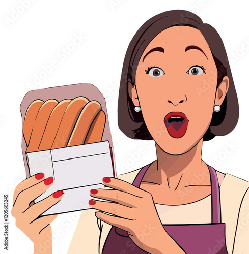 Surprised woman holding hot dogs expressing amazement