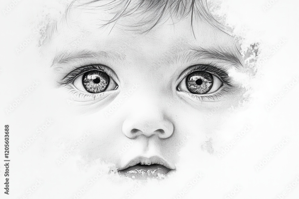 Obraz premium Highly Detailed Black and White Drawing of a Baby With Expressive Big Eyes on a White Background. Generative AI