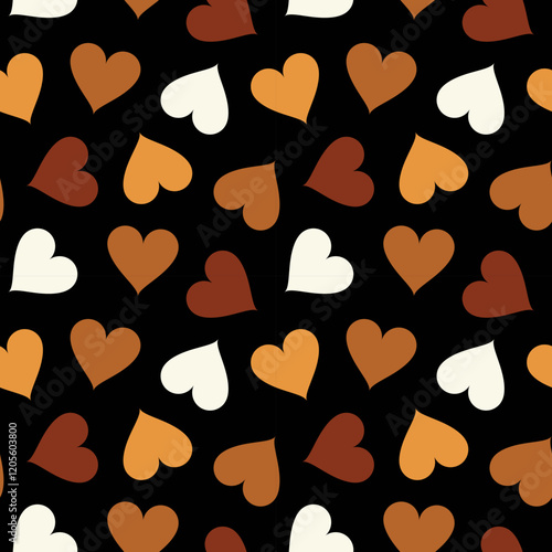 seamless pattern features a repeating design of hearts in various shades of brown, white, and orange on a black background, creating a charming and romantic visual