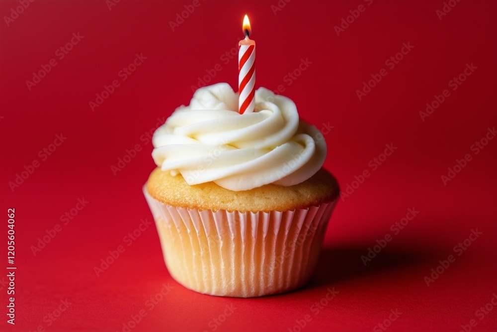 Cupcake with white frosting and red candle on a bright red background for celebration Cupcake with white frosting and red candle on a bright red background for celebration