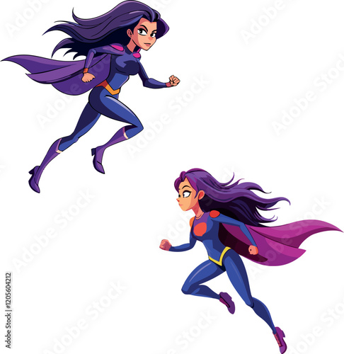 Two powerful superheroines flying and wearing capes