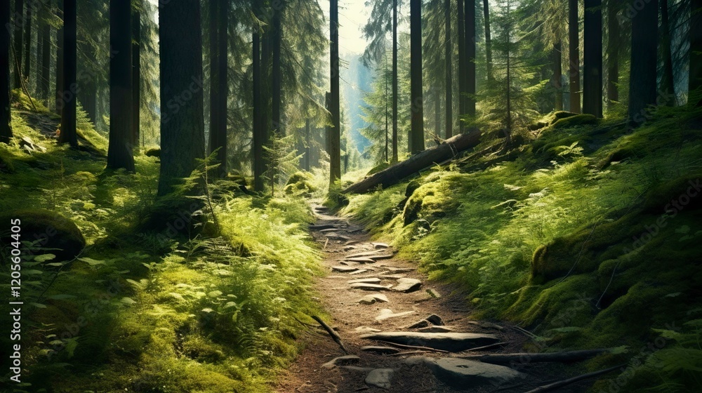 Fototapeta premium A photo of a scenic hiking trail winding through a lush forest