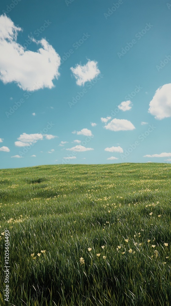 Fototapeta premium A serene landscape featuring lush green fields under a bright blue sky.