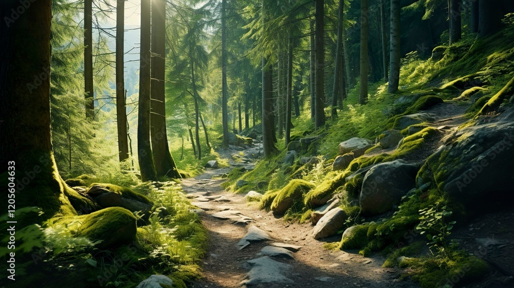 Obraz premium A photo of a scenic hiking trail winding through a lush forest