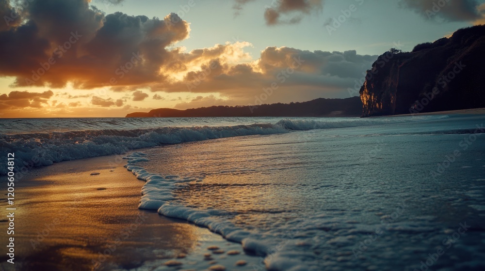 Obraz premium Serene Coastal Sunset with Waves Crashing on the Shore Under a Cloudy Sky