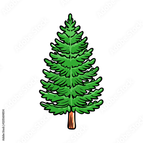 Cartoon pine tree with green layered branches, A stylized illustration of a pine tree with green layered foliage and a brown trunk, showcasing a fresh, natural appearance. 
