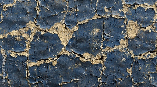 Close-Up of Dark Blue Cracked Surface with Beige Underlayer photo