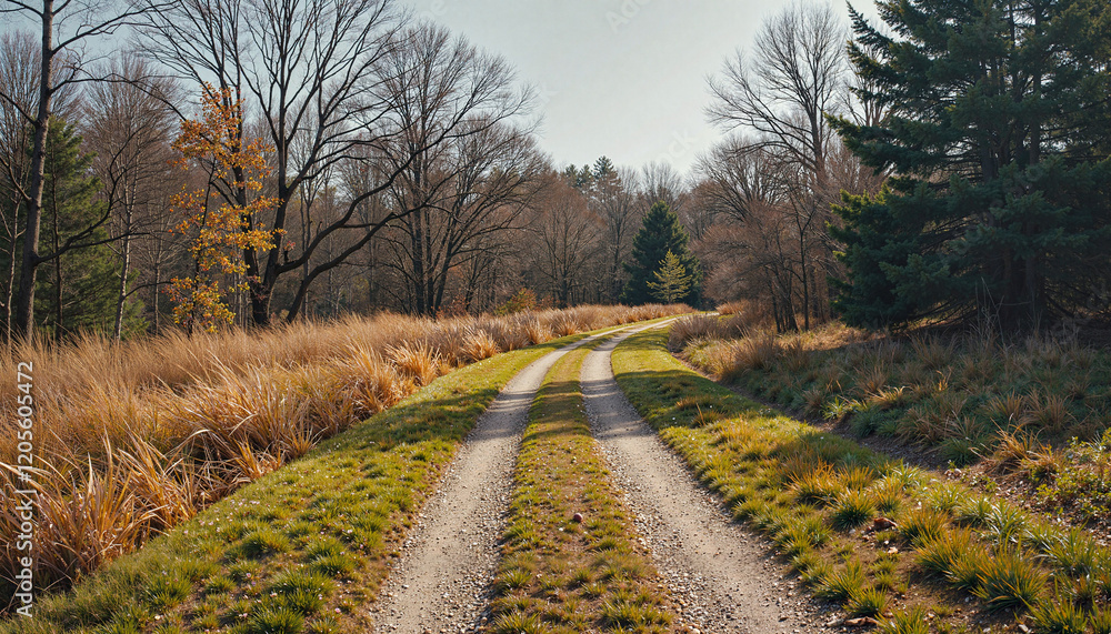Fototapeta premium Winding dirt road through autumn forest, peaceful solitude