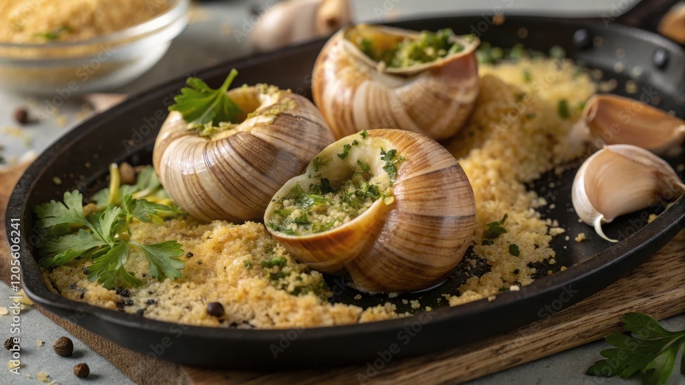 Escargots Stuffed with Parsley-Garlic Herb Mixture on Dark Dish Escargots Stuffed with Parsley-Garlic Herb Mixture on Dark Dish