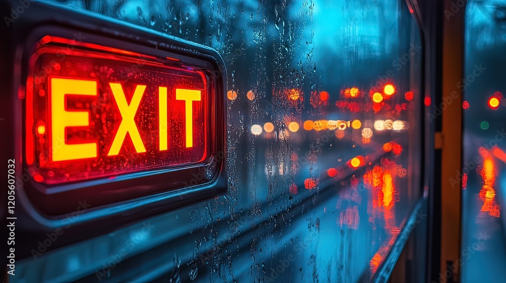 Illuminated Exit Sign on a Rainy Night Bus Window Illuminated Exit Sign on a Rainy Night Bus Window