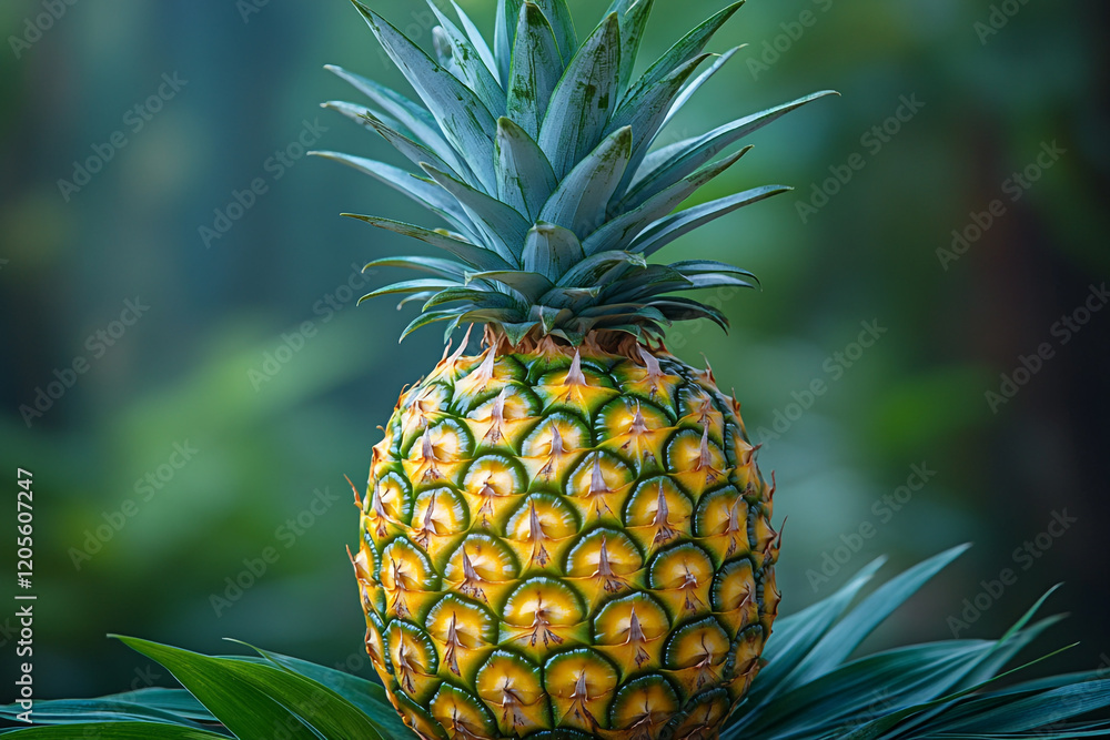 A Single Ripe Pineapple Rests on Lush Green Leaves