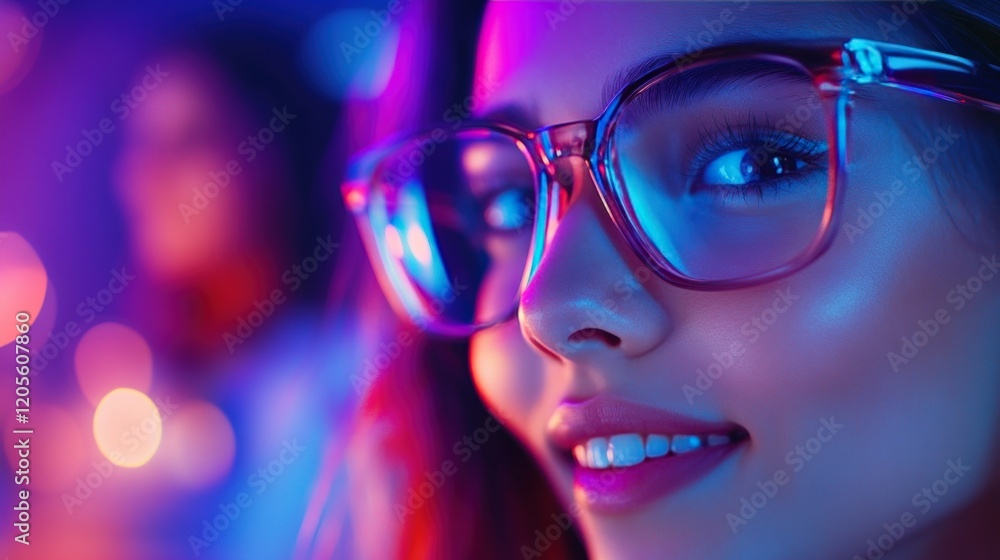 Neon Lights Portrait: A Young Woman with Glasses in Vibrant Colors Neon Lights Portrait: A Young Woman with Glasses in Vibrant Colors