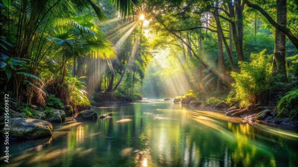 Sunbeams Illuminate Serene River Winding Through Lush Tropical Forest Paradise Sunbeams Illuminate Serene River Winding Through Lush Tropical Forest Paradise
