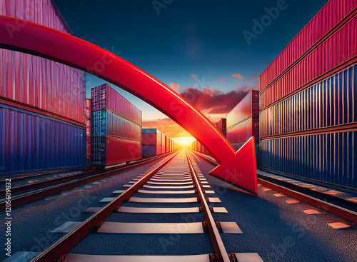 A large red arrow points downward over a railway track lined with shipping containers, symbolizing a decline in global trade and economic downturn at sunset. photo