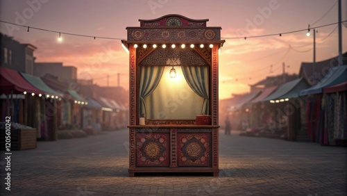 Fortune Teller Booth Illuminates Bustling Market Street at Sunset