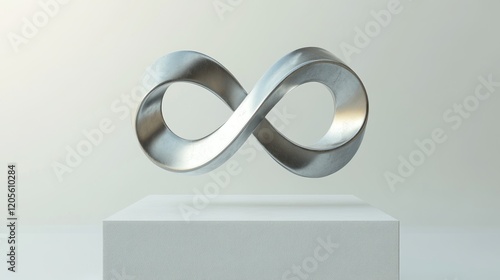 Silver infinity symbol floating, minimal background, studio shot, concept