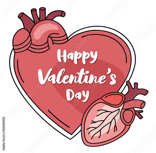 Happy Valentine's day greeting card template with realistic drawing of anatomical heart design icon sign silhouette vector illustration 