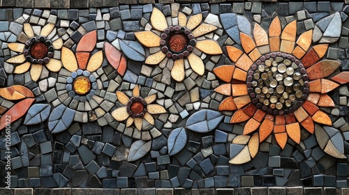 Wallpaper Mural Colorful Stone Mosaic Depicting Sunflowers and Leaves Torontodigital.ca