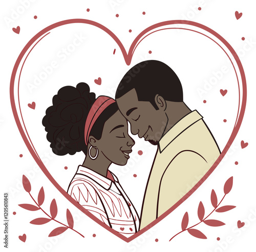 valentine's day card, 'young couple falling in love' image design silhouette vector illustration. Incorporate a romantic heart element to enhance the festive feel.