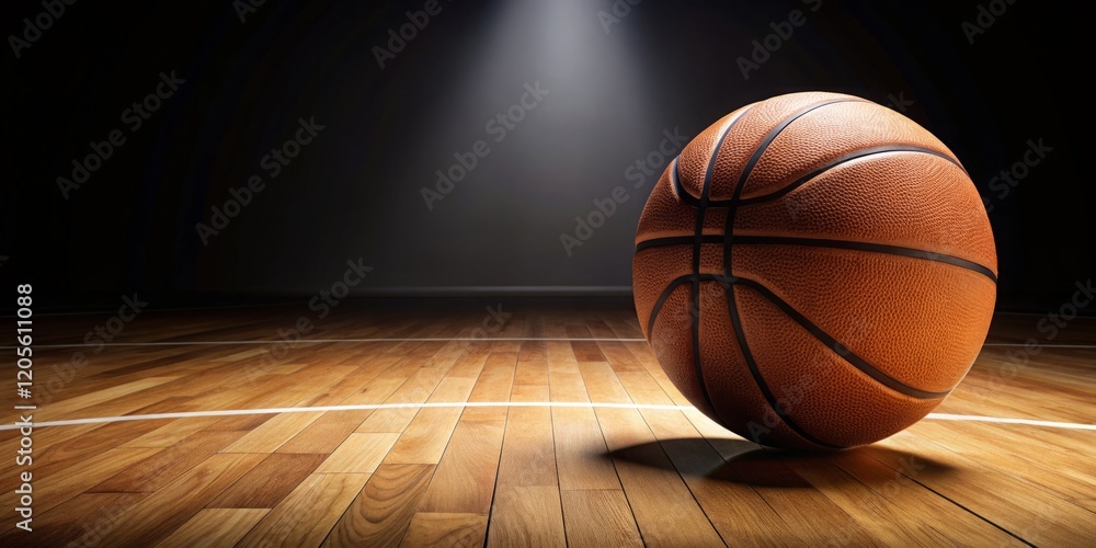 Basketball on Court Under Dramatic Lighting Basketball on Court Under Dramatic Lighting