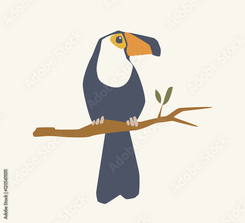 Minimalist toucan design perched on a branch with leaves, in flat style on a light beige background. Concept of wildlife, simplicity, and creative art. Vector illustration photo