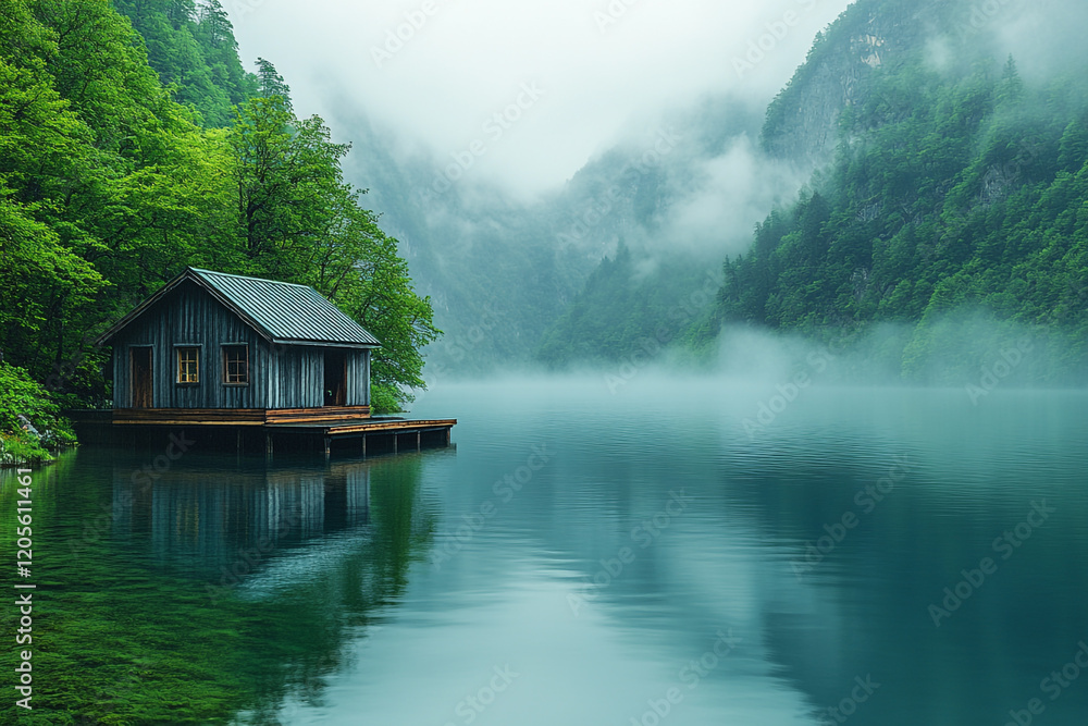 Fototapeta premium Secluded Lakeside Cabin Amongst Misty Mountains