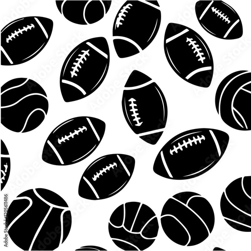 Sport Balls Pattern: A seamless pattern featuring American footballs and volleyballs in a bold black and white design, perfect for sports-themed backgrounds, apparel, or prints. 