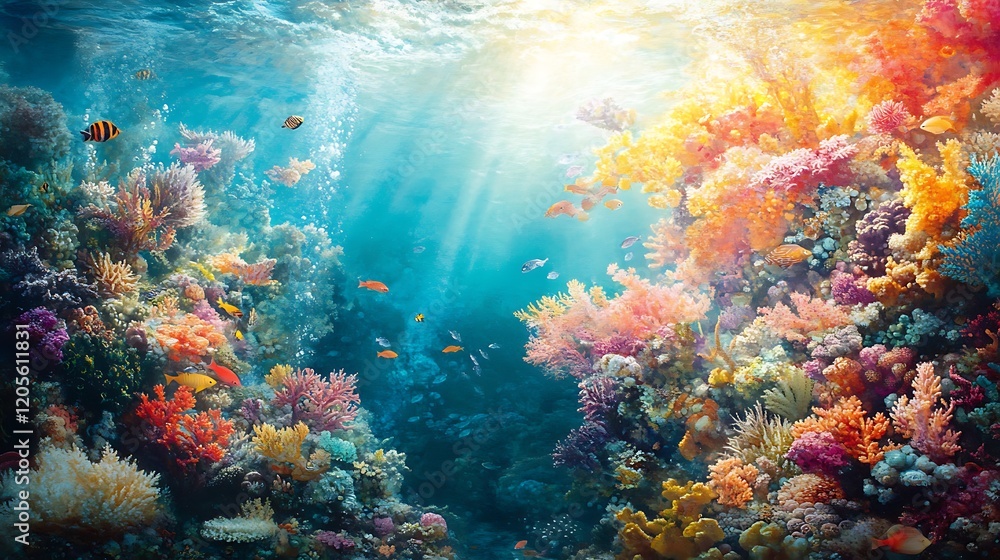 Naklejka premium Underwater Scene with Vibrant Coral Reef and Fish