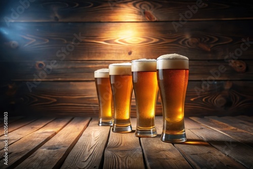 Golden Beverages on Rustic Wood Surface, Illuminated by Warm Light