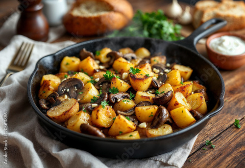Roasted Potatoes and Mushrooms with Herbs in Cast-Iron Skillet