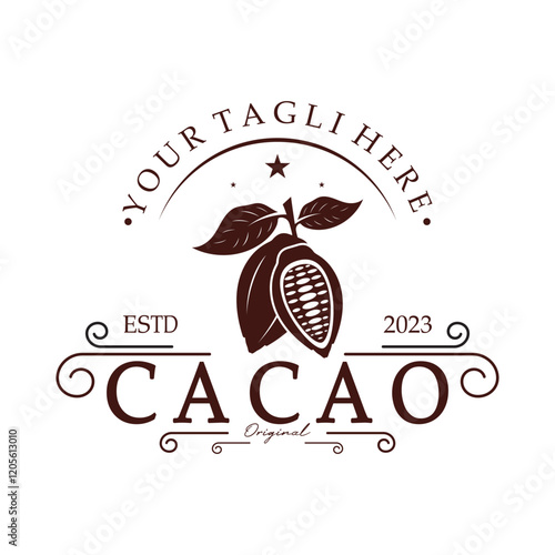 cocoa logo,cocoa bean,cocoa tree,cocoa branches and leaves,chocolate mix on white background,vintage,modern,simple,minimalist icon illustration template design vector