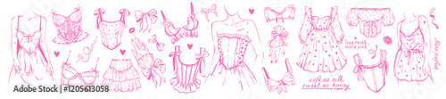 Coquettish pink lingerie doodle set, vector romantic female underwear hand drawn illustration, bra. Woman elegant dress outline, Valentine feminine accessories, dress, ribbon. Corset lingerie doodle