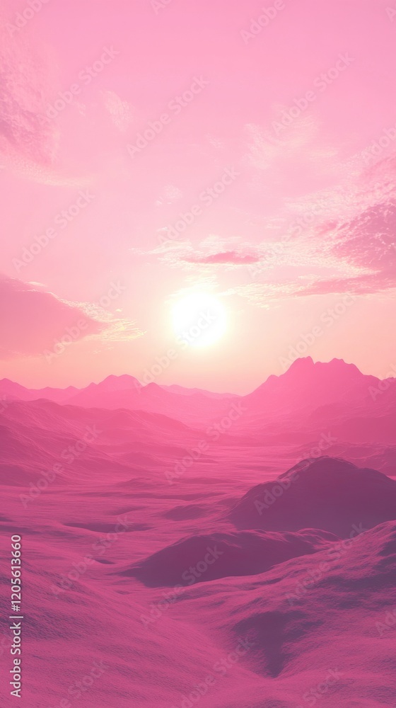 A serene pink landscape with mountains and soft clouds at sunrise. A serene pink landscape with mountains and soft clouds at sunrise.