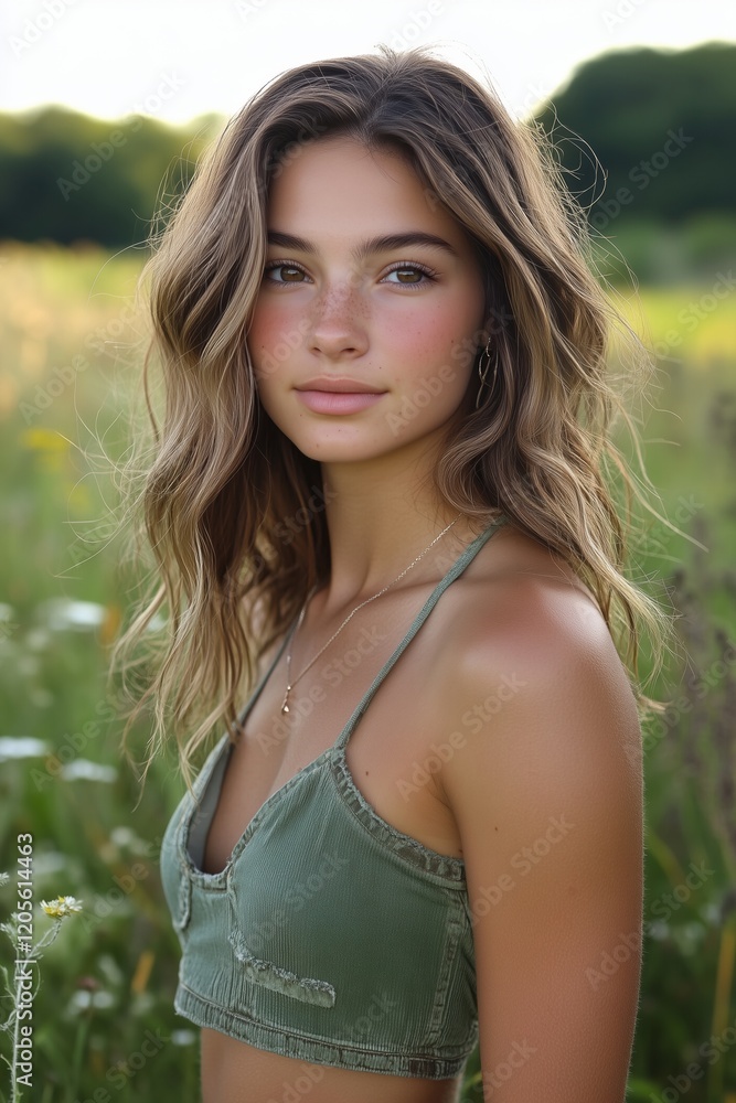 Woman with Freckles Green Top Summer Field Background Woman with Freckles Green Top Summer Field Background