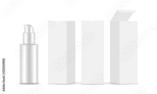Blank Plastic Cosmetic Bottle Mockup with Pump, Three Packaging Boxes. Vector Illustration