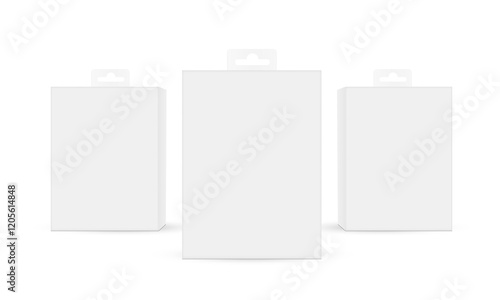 Hanging Packaging Boxes Mockups, Front View, Isolated On White Background. Vector Illustration