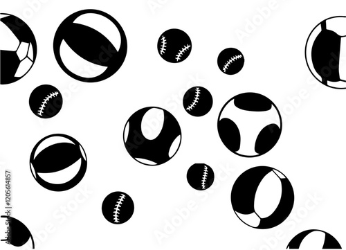 Sports Ball Seamless Pattern:  A dynamic and playful black and white pattern featuring a variety of popular sports balls including soccer, basketball, baseball, and volleyball.