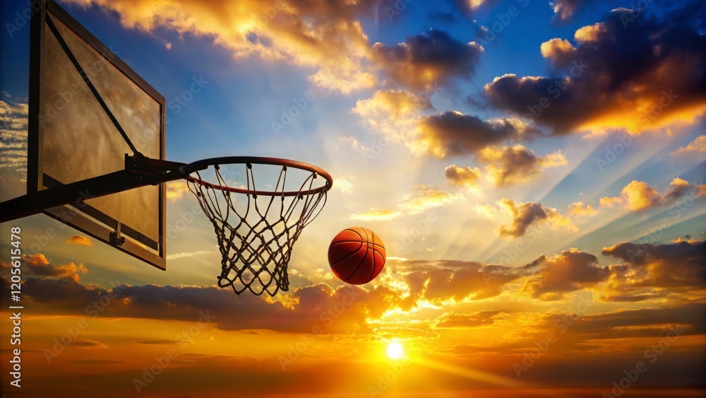 Basketball Shot at Sunset Over Basketball Court Basketball Shot at Sunset Over Basketball Court