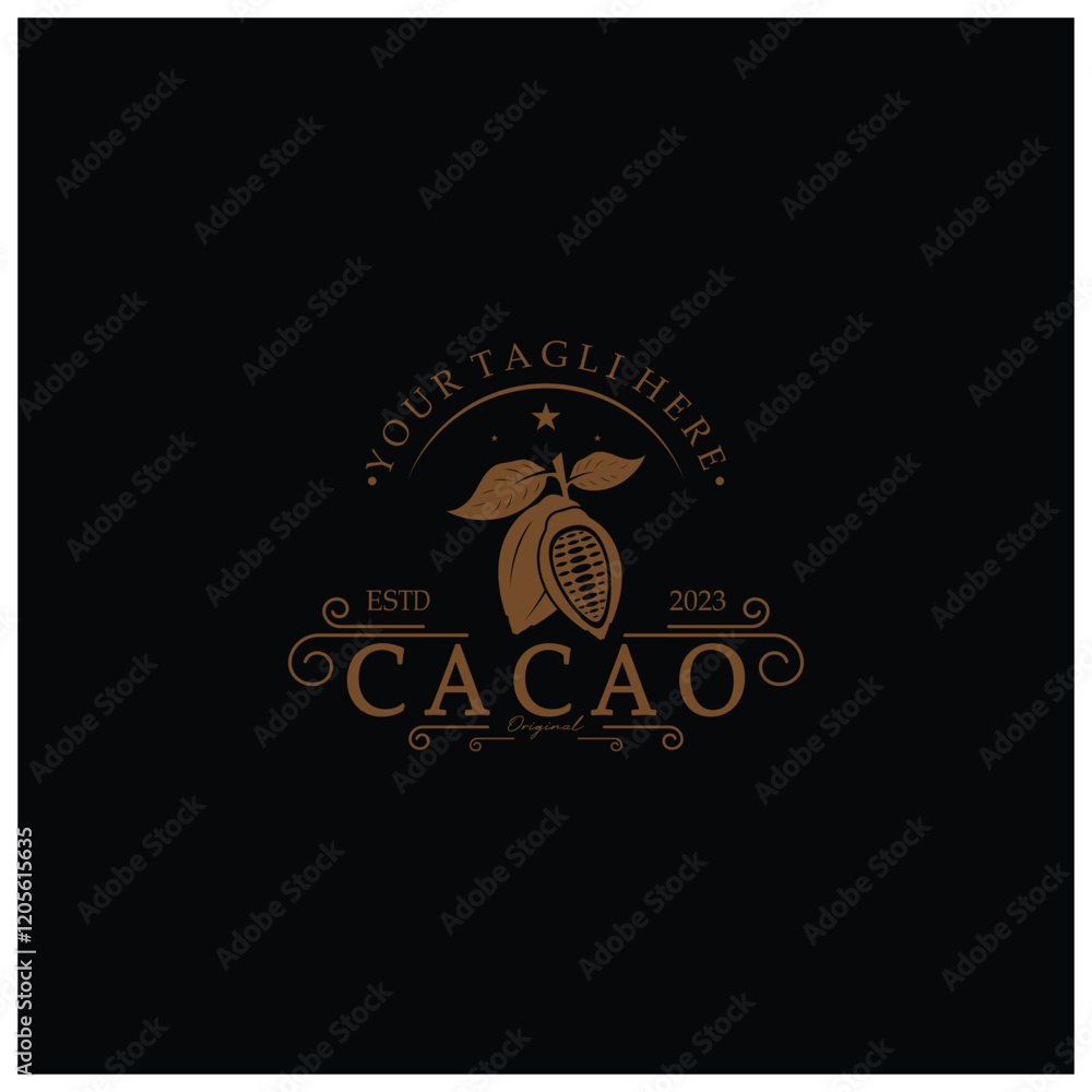 Fototapeta premium cocoa logo,cocoa bean,cocoa tree,cocoa branches and leaves,chocolate mix on white background,vintage,modern,simple,minimalist icon illustration template design vector