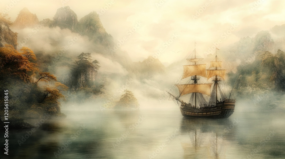 Fototapeta premium A mystical ship sails through foggy waters, surrounded by serene mountains and soft hues, creating an enchanting and tranquil atmosphere.