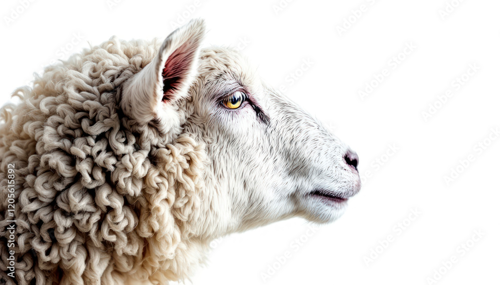 Stunning Profile of a Fluffy Sheep Against White Background Stunning Profile of a Fluffy Sheep Against White Background