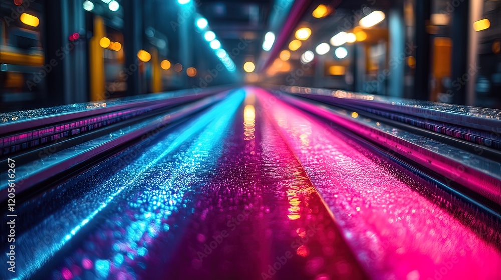 Neon Lights Reflecting on Wet Moving Walkway Neon Lights Reflecting on Wet Moving Walkway