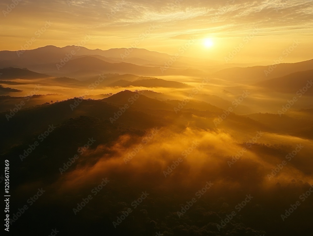 Obraz premium Golden Sunrise Over Misty Mountain Ranges A Serene Landscape View