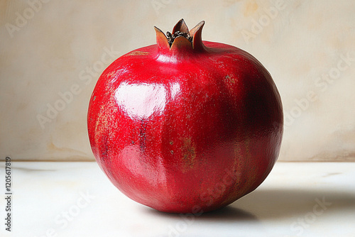 A Single Ripe Red Pomegranate On A White Surface photo